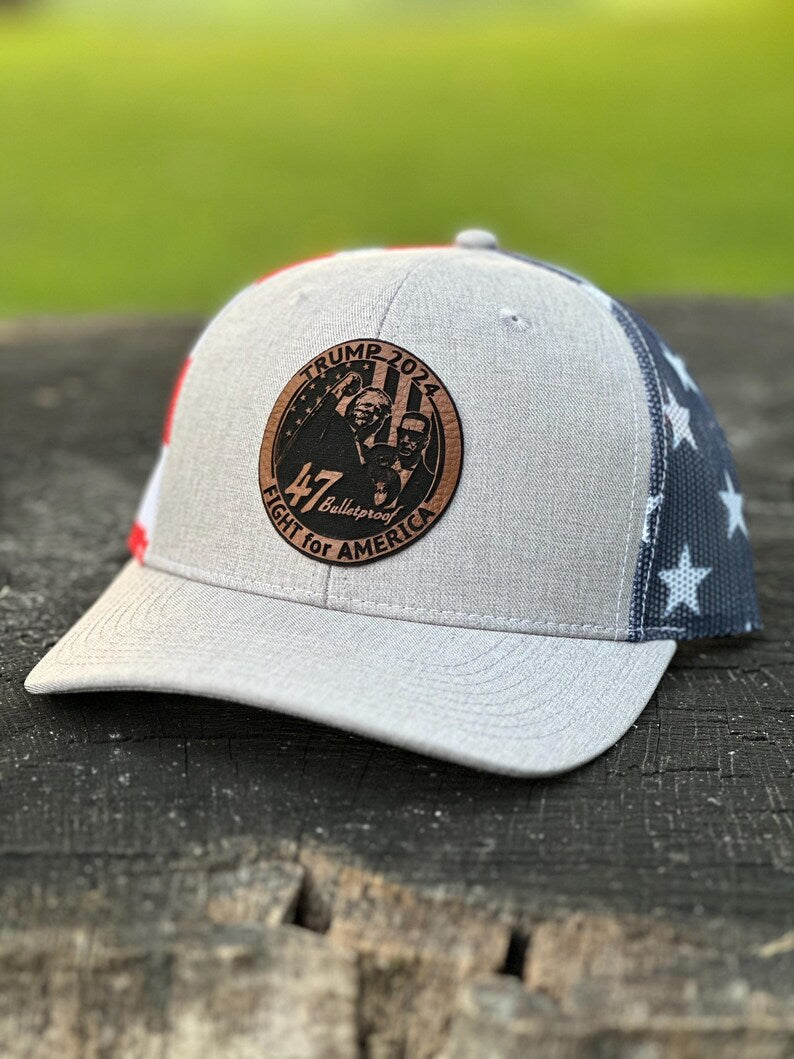Trump Hat | Fight for America | Make America Great Again Hat | Leather Patch Trump Hat | 47 Bulletproof