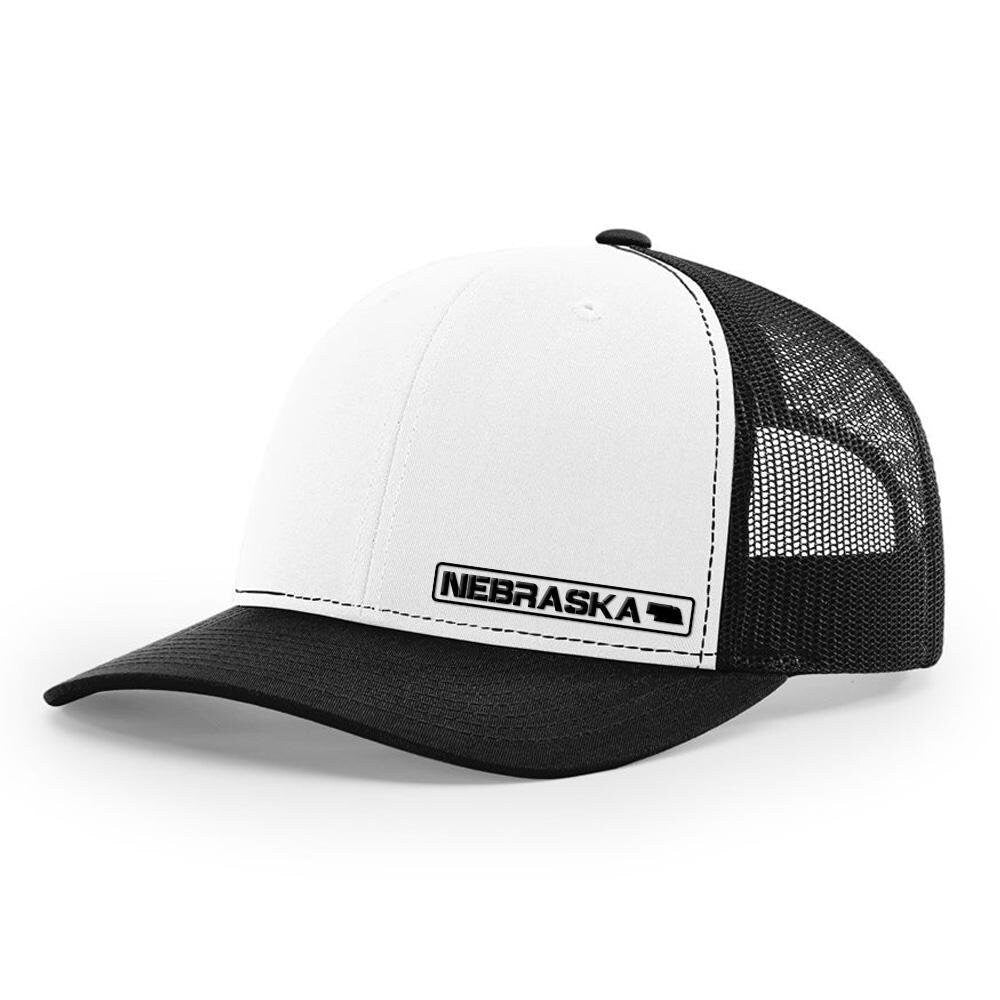 Nebraska Handmade 6 Panel State Hat, Adjustable Mesh Snapback Hat, Embroidered Patch Hat, State Trucker Hat, Gift For Unisex - White/Black