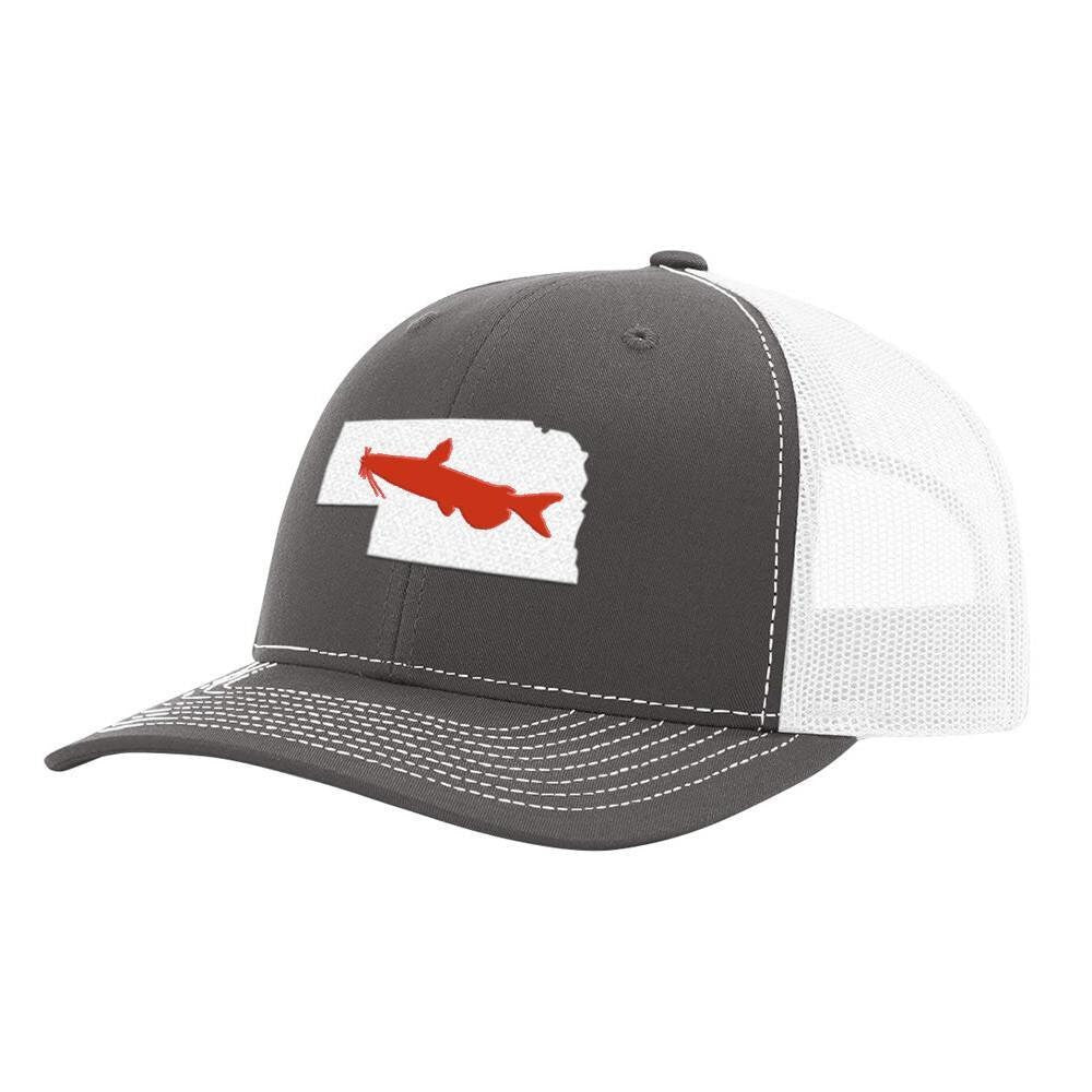 Nebraska Catfish Hat, Catfish Patch Hat, Cotton Trucker Fishing Hat, Mesh Snap Back Adjustable Hat, Gift For Men and Women - Charcoal/White