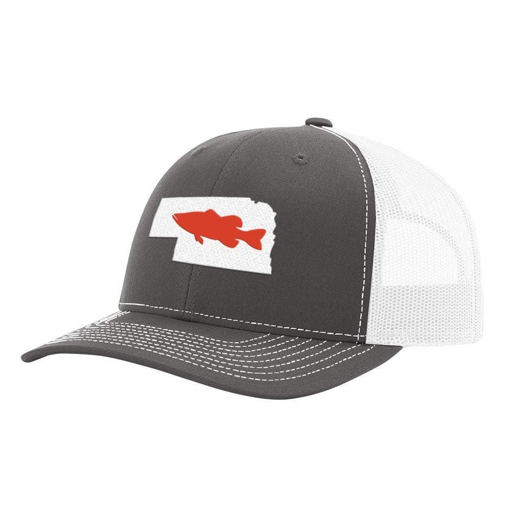 Nebraska Red Bass Hat - Adjustable Mesh Snapback Hat, Embroidered Fish Hat, Bass Fishing Trucker Hat, Patch Hat for Unisex - Charcoal/White