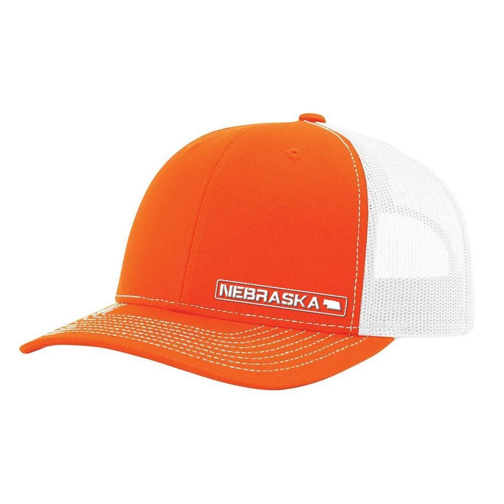 Nebraska Handmade 6 Panel State Hat, Adjustable Mesh Snapback Hat, Embroidered Patch Hat, State Trucker Hat, Gift For Unisex - Orange/White