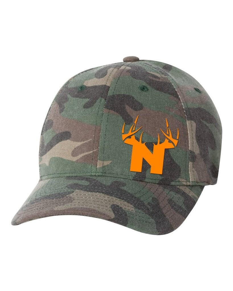 Bucks of Nebraska N Orange Logo on Camo Fitted