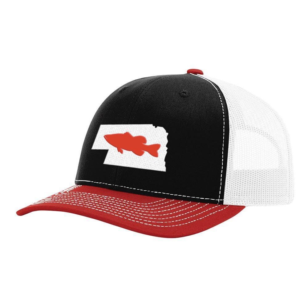 Nebraska Red Bass Hat - Adjustable Mesh Snapback Hat, Embroidered Fish Hat, Bass Fishing Trucker Hat, Patch Hat for Unisex - Black/White/Red