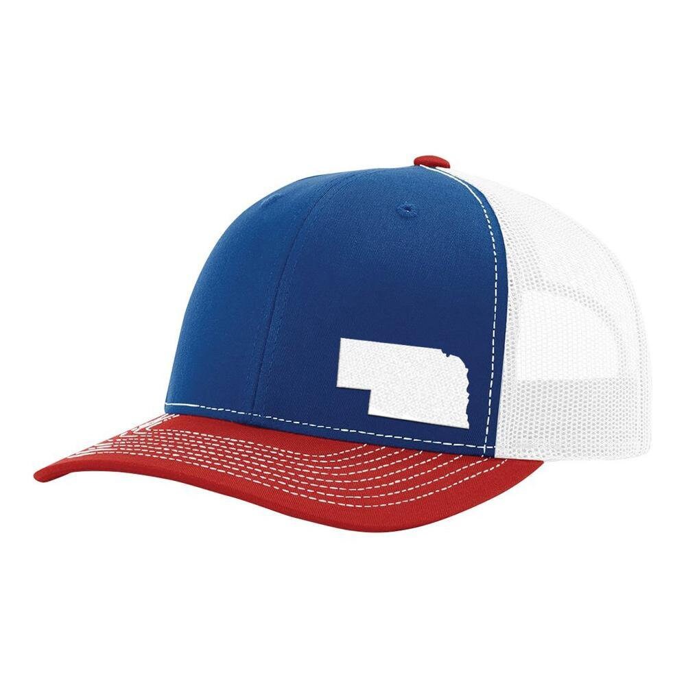 Nebraska Handmade Hat - 6 Panel Mid Profile State Outline Hat - Adjustable Snapback Hat, Unisex Patch Hat - Royal / White / Red Trucker Hat