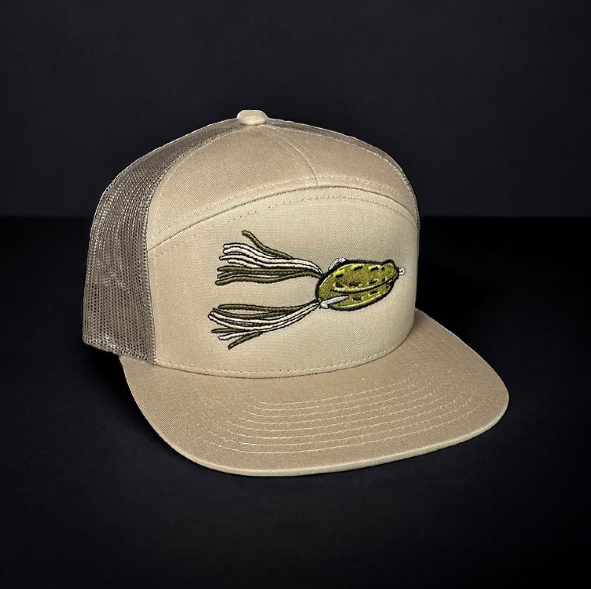 Topwater Frog Lure Bass Fising 7 Panel Hat - Khaki/Loden