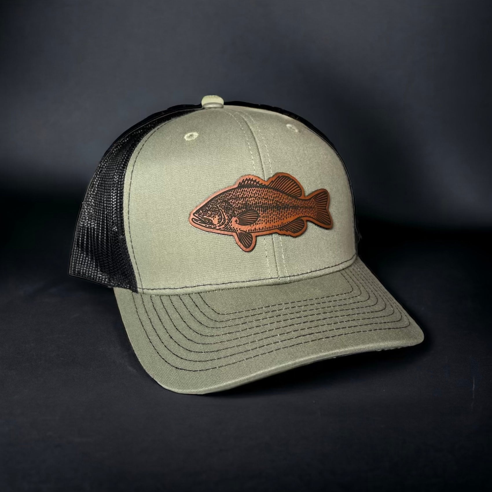 Leather Bass Fishing Leather Patch Hat 112 Snap Back Loden Black