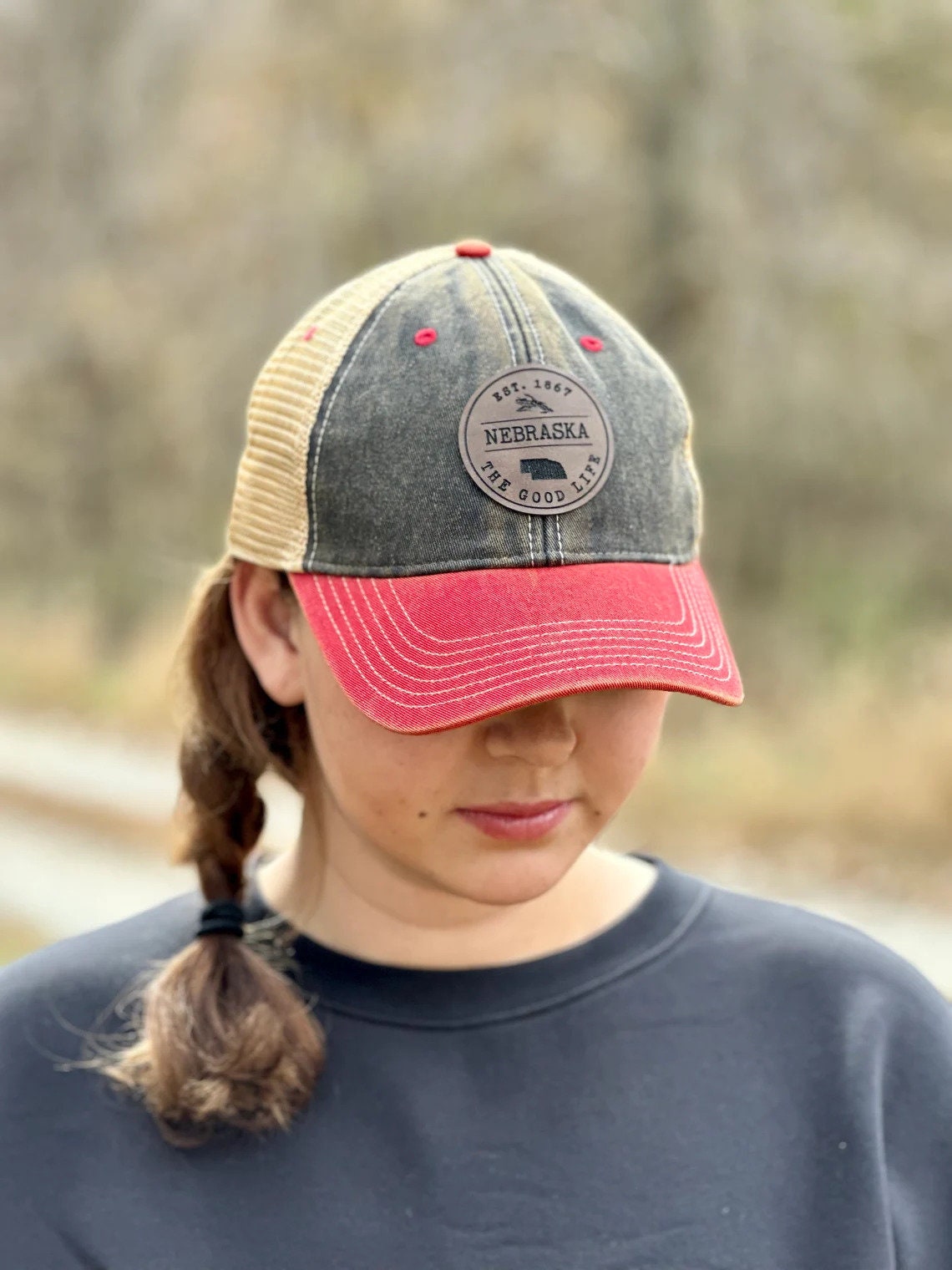 Leather Nebraska State Hat | Nebraska Ladies Hat | Engraved Leather Nebraska | Women's State Trucker Cap | Mother | Gift