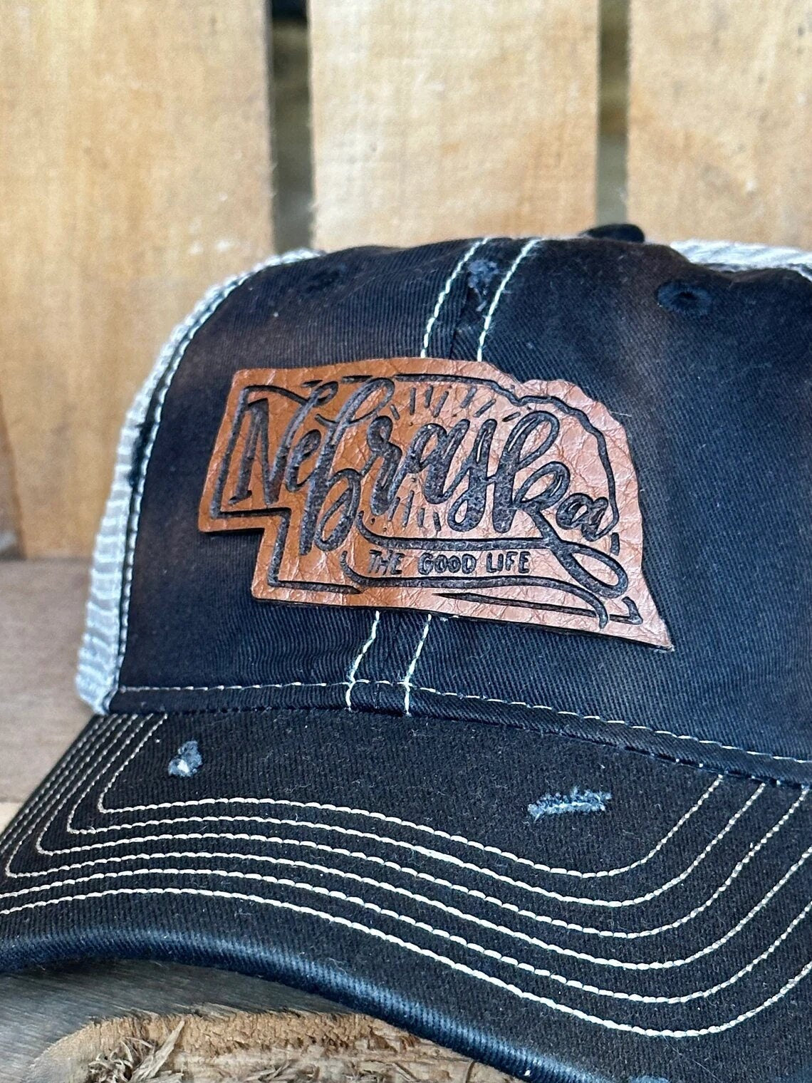 Nebraska Leather Hand Lettered Patch Hat | Nebraska Ladies Hat | Women's State Trucker Cap | Trendy State Hat | The Good Life