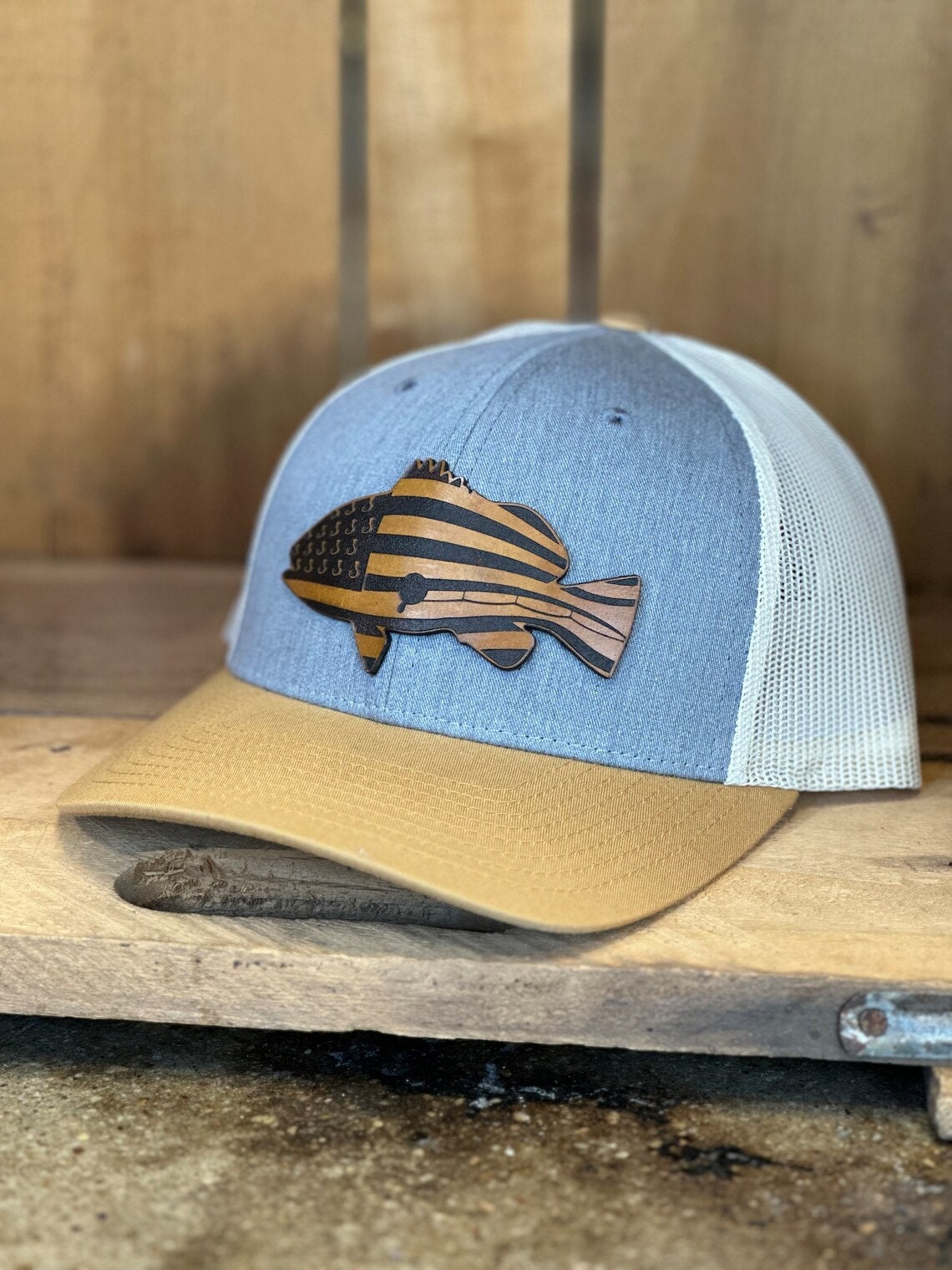 Fish Bass American Flag Leather Patch Trucker Hat - Bass Fishing Hat - Largemouth Bass Flag Trucker Hat