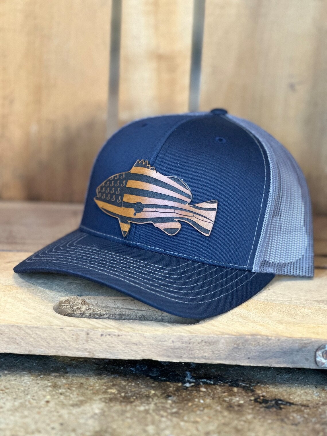 Fish Bass American Flag Leather Patch Trucker Hat - Bass Fishing Hat - Largemouth Bass Flag Trucker Hat