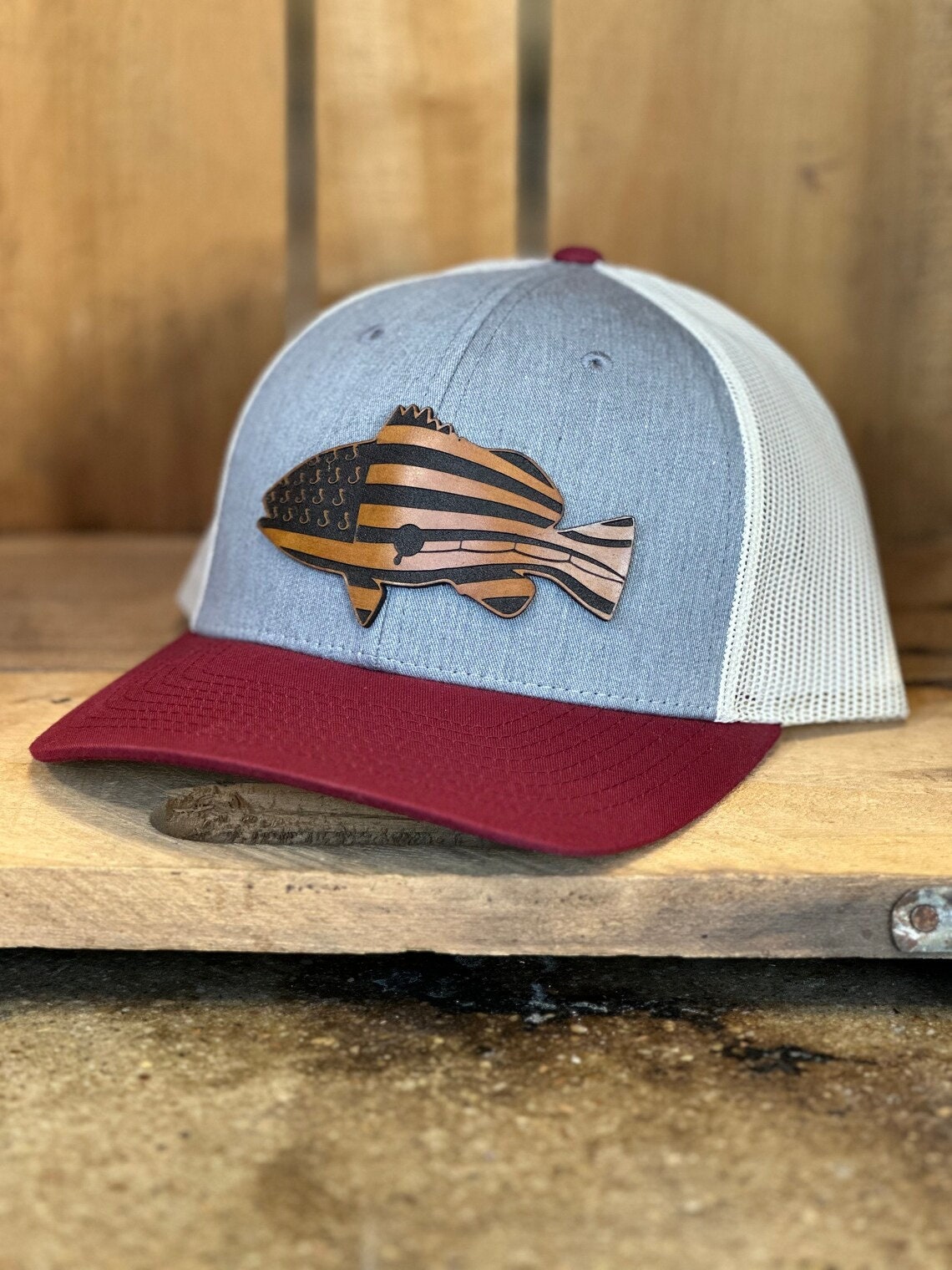 Fish Bass American Flag Leather Patch Trucker Hat - Bass Fishing Hat - Largemouth Bass Flag Trucker Hat