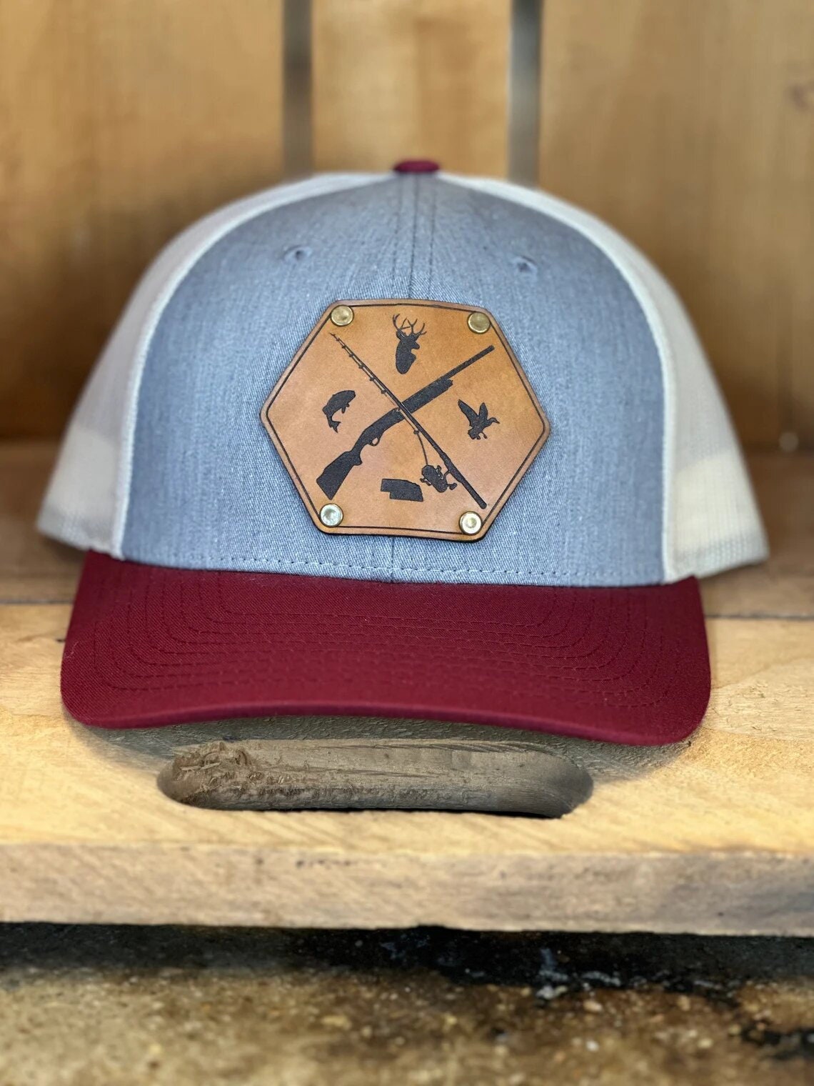 Fishing Hunting State Leather Patch with Rivets Trucker Hat - Deer Hat - Fishing Hat - Custom Hunter Fisher Hat - Outdoorsmen