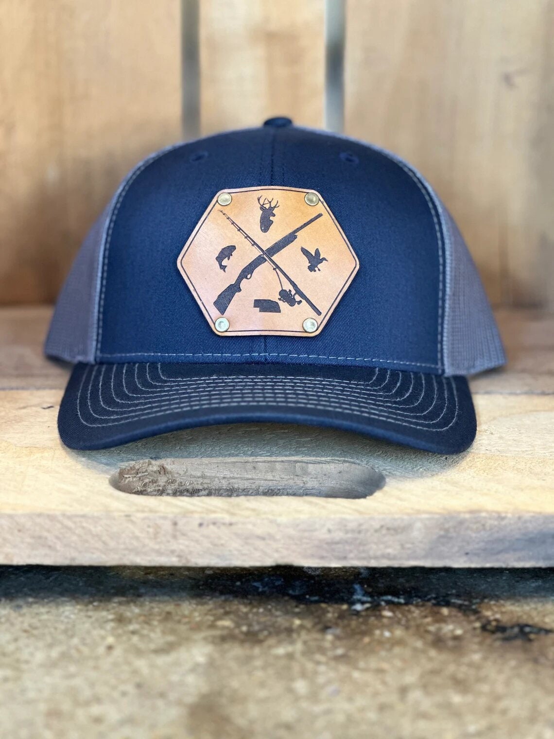 Fishing Hunting State Leather Patch with Rivets Trucker Hat - Deer Hat - Fishing Hat - Custom Hunter Fisher Hat - Outdoorsmen