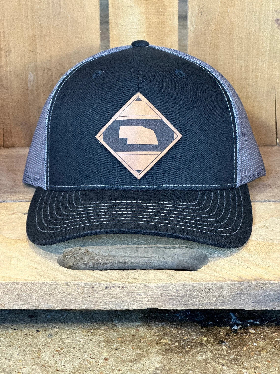Diamond Nebraska Leather Patch Trucker Hat - Nebraska Hat - Nebraska Trucker Hat