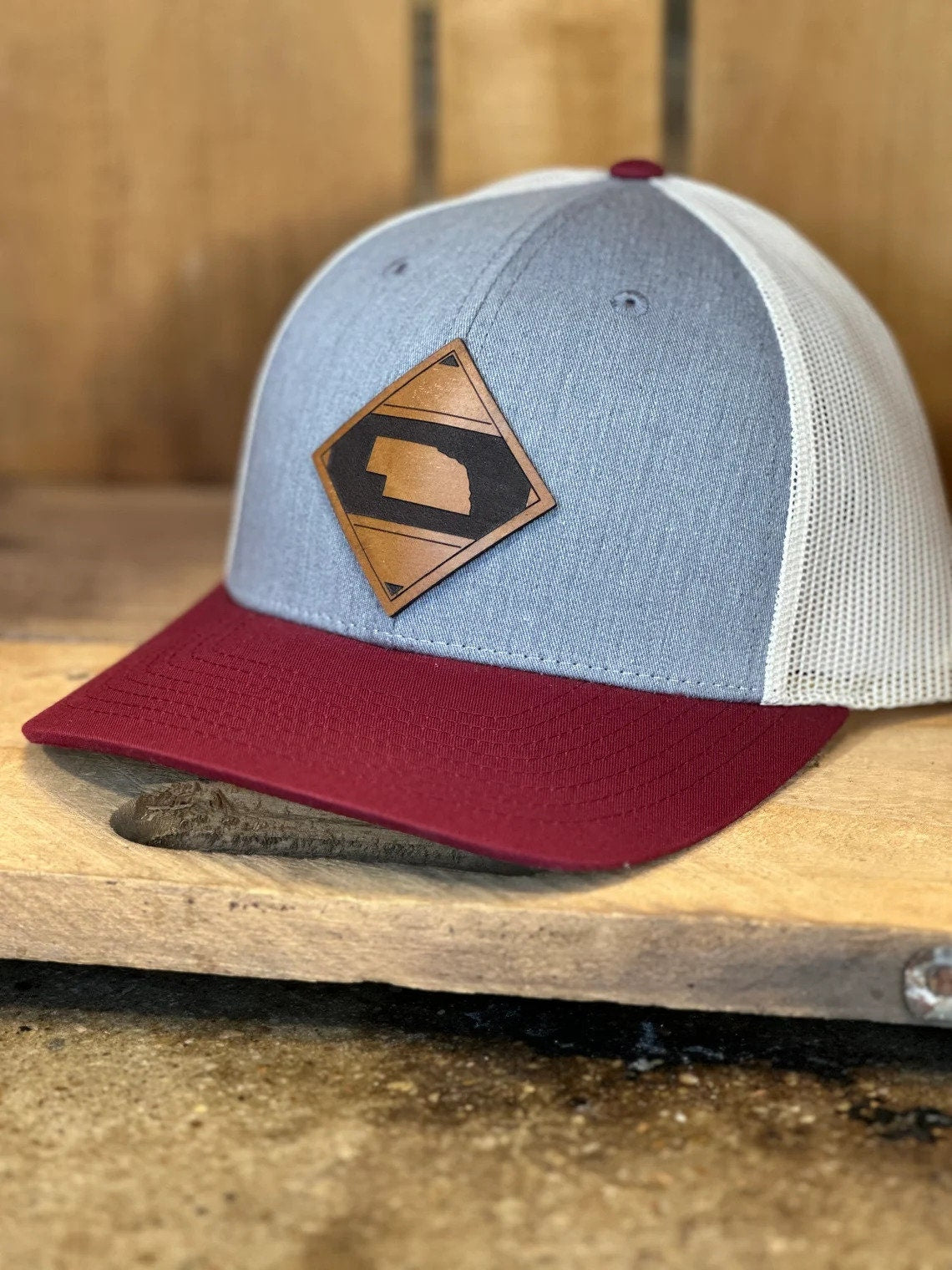 Diamond Nebraska Leather Patch Trucker Hat - Nebraska Hat - Nebraska Trucker Hat