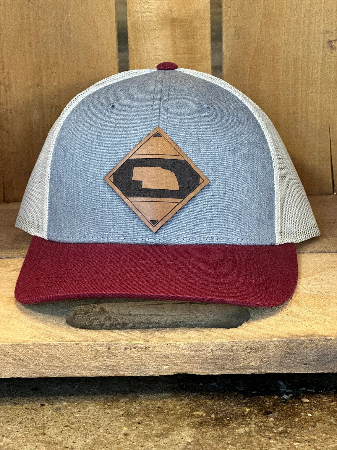 Diamond Nebraska Leather Patch Trucker Hat - Nebraska Hat - Nebraska Trucker Hat