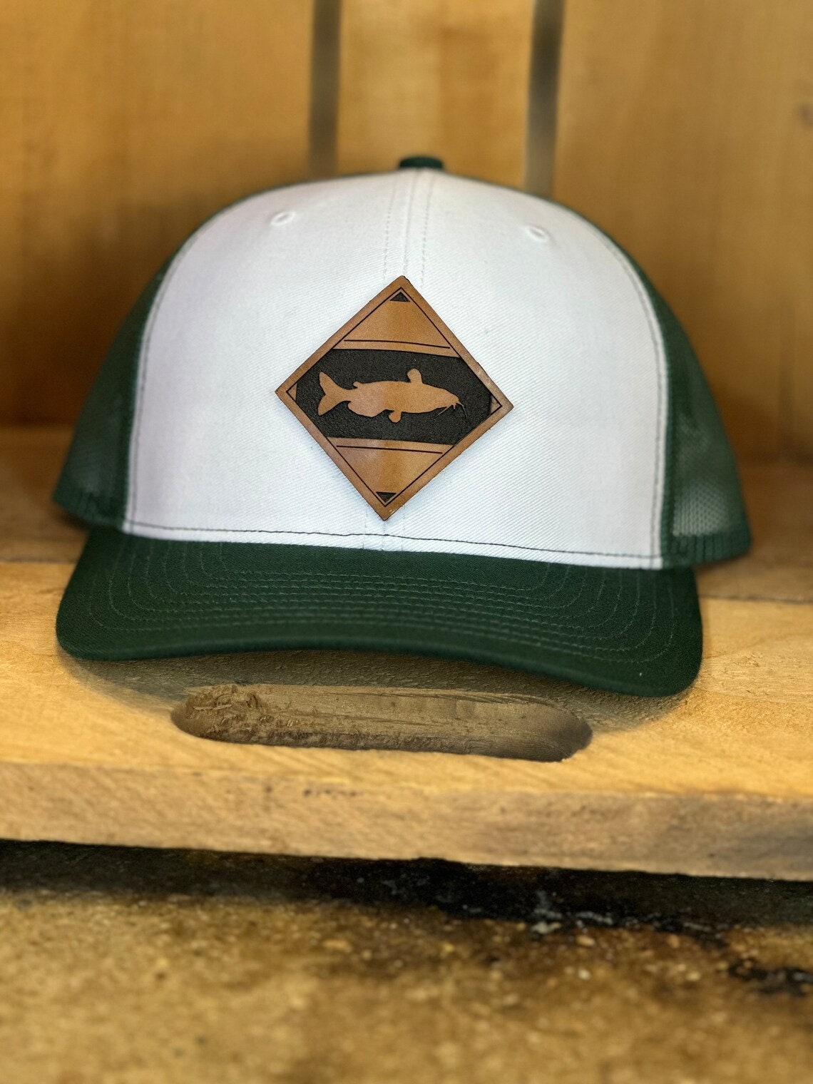 Diamond Catfish Leather Patch Trucker Hat - Catfish Fishing Hat - Catfish Fish Trucker Hat