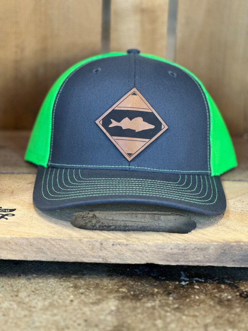 Diamond Fish Walleye Leather Patch Trucker Hat - Walleye Fishing Hat - Walleye Fish Trucker Hat