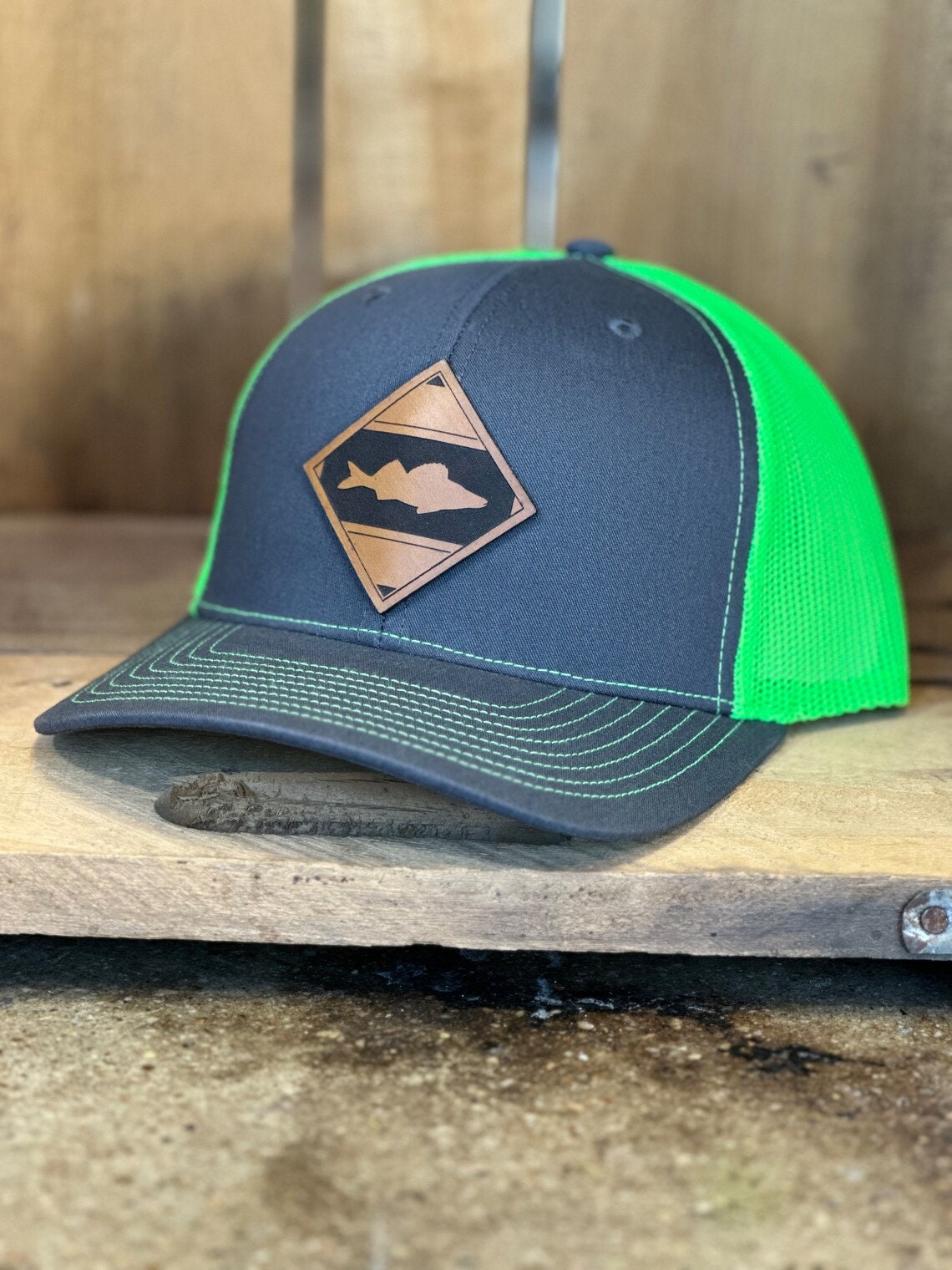 Diamond Fish Walleye Leather Patch Trucker Hat - Walleye Fishing Hat - Walleye Fish Trucker Hat