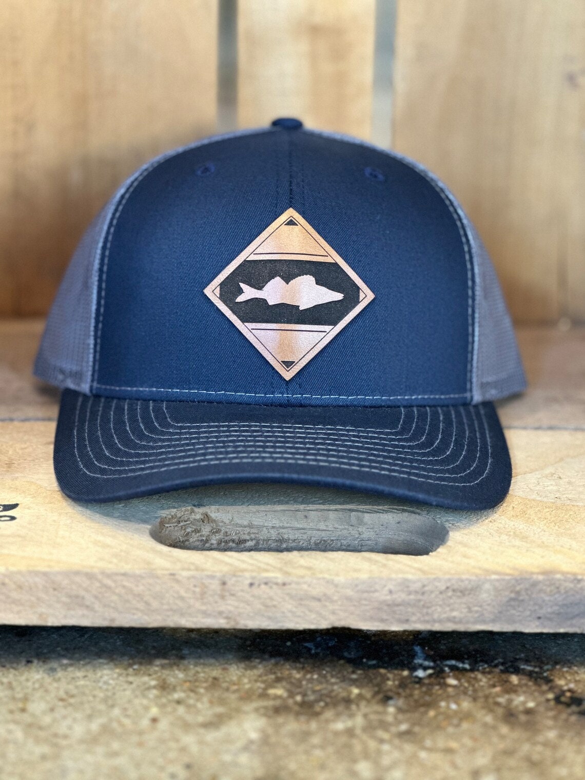 Diamond Fish Walleye Leather Patch Trucker Hat - Walleye Fishing Hat - Walleye Fish Trucker Hat