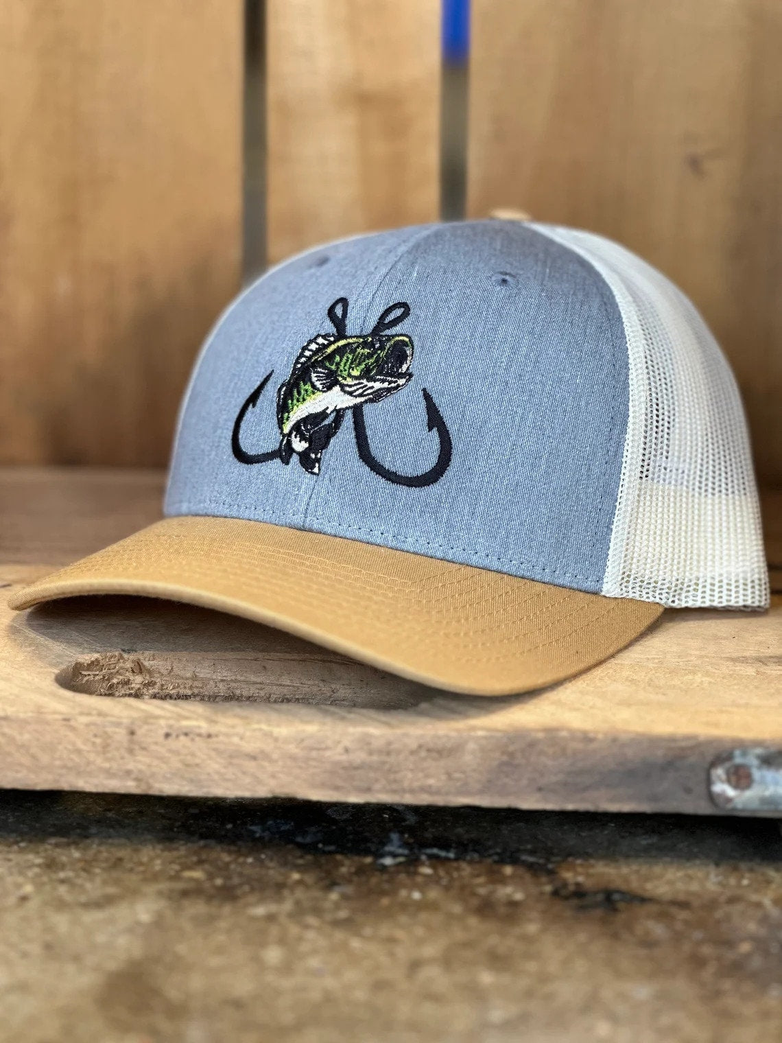 Bass Fishing Embroidered Trucker Hat - Largemouth Bass Fisherman - Fishing Hooks