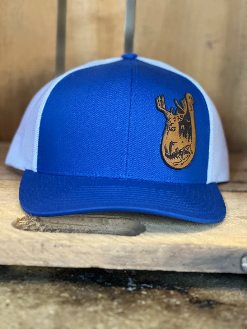Hunting Fishing Leather Patch Trucker Hat