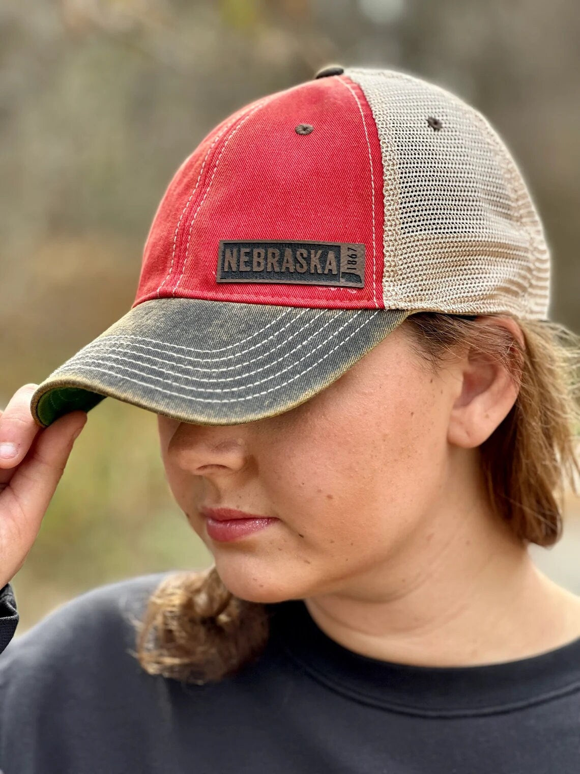 Leather Nebraska Rectangle State Hat | Nebraska Ladies Hat | Women's State Trucker Cap | Trendy State Hat | Mother | Gift