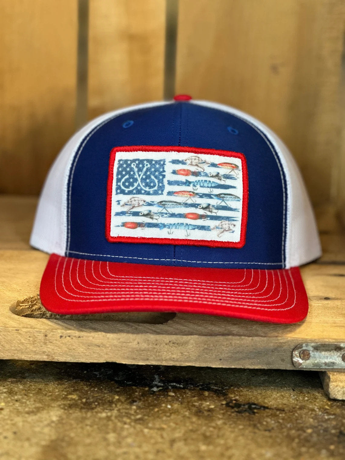 Fishing Lure Flag Trucker Hat - American Flag Fisherman - Fish Hooks Flag Patch hat