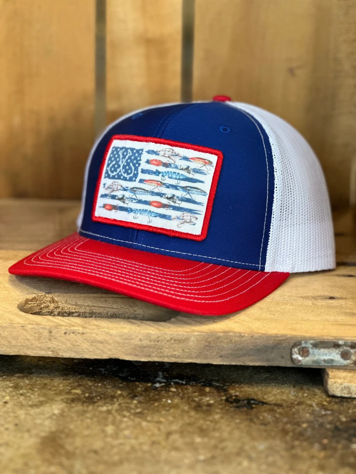 Fishing Lure Flag Trucker Hat - American Flag Fisherman - Fish Hooks Flag Patch hat