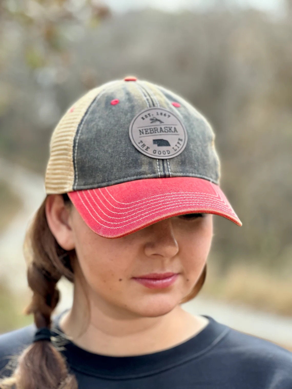 Leather Nebraska State Hat | Nebraska Ladies Hat | Engraved Leather Nebraska | Women's State Trucker Cap | Mother | Gift