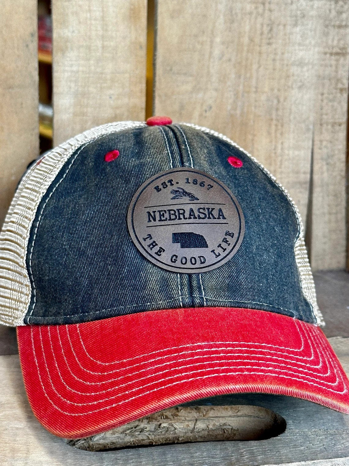 Leather Nebraska State Hat | Nebraska Ladies Hat | Engraved Leather Nebraska | Women's State Trucker Cap | Mother | Gift