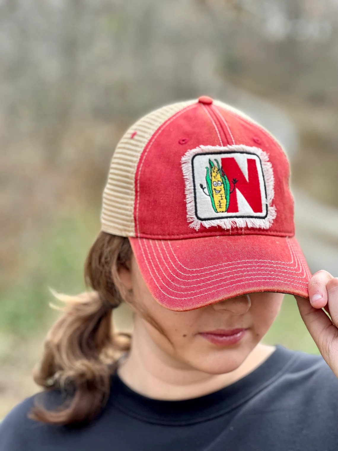 Nebraska Friendly Alphabet Corn Embroidered Hat | Nebraska Ladies Hat | Women's State Trucker Cap | Trendy State Hat | N is for Nebraska