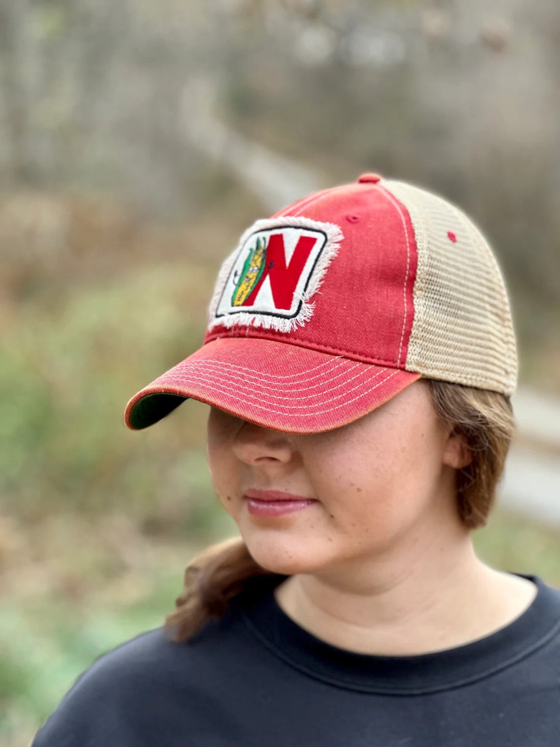 Nebraska Friendly Alphabet Corn Embroidered Hat | Nebraska Ladies Hat | Women's State Trucker Cap | Trendy State Hat | N is for Nebraska
