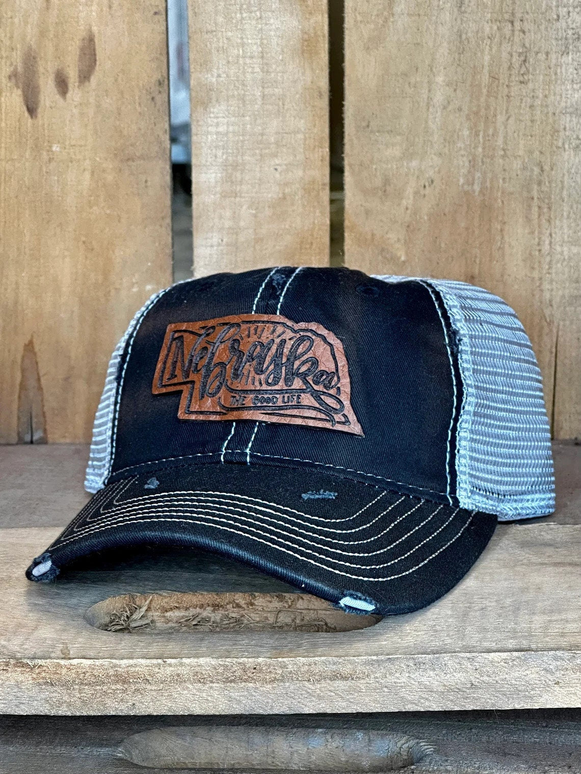Nebraska Leather Hand Lettered Patch Hat | Nebraska Ladies Hat | Women's State Trucker Cap | Trendy State Hat | The Good Life