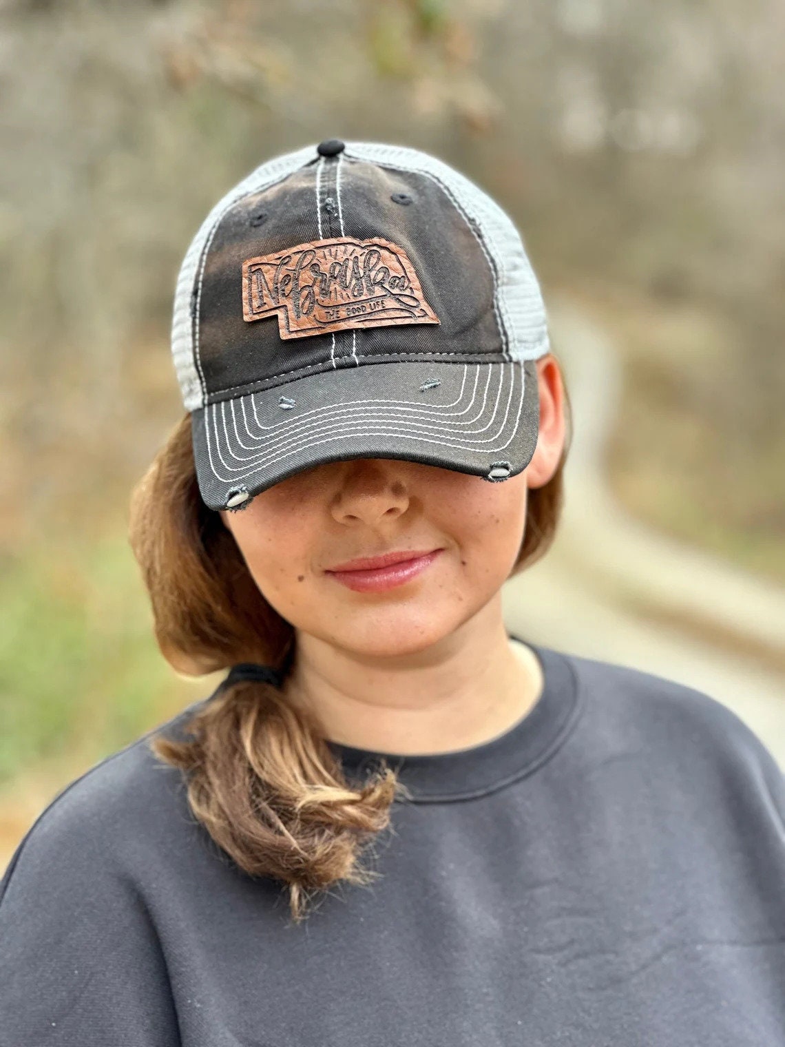 Nebraska Leather Hand Lettered Patch Hat | Nebraska Ladies Hat | Women's State Trucker Cap | Trendy State Hat | The Good Life