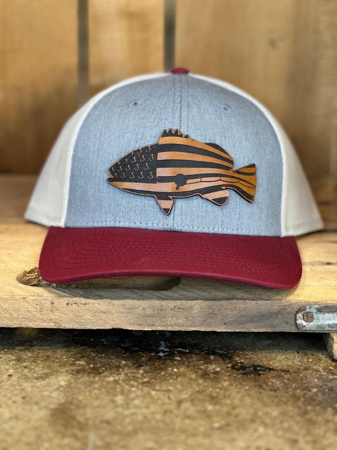Fish Bass American Flag Leather Patch Trucker Hat - Bass Fishing Hat - Largemouth Bass Flag Trucker Hat