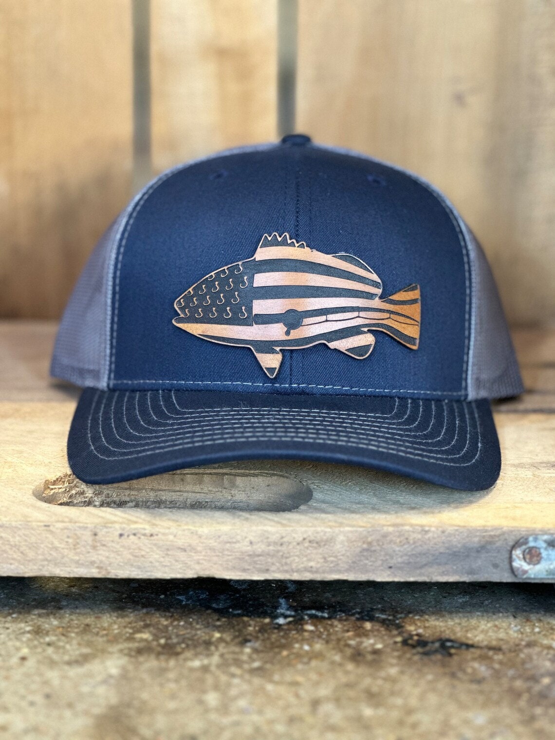 Fish Bass American Flag Leather Patch Trucker Hat - Bass Fishing Hat - Largemouth Bass Flag Trucker Hat