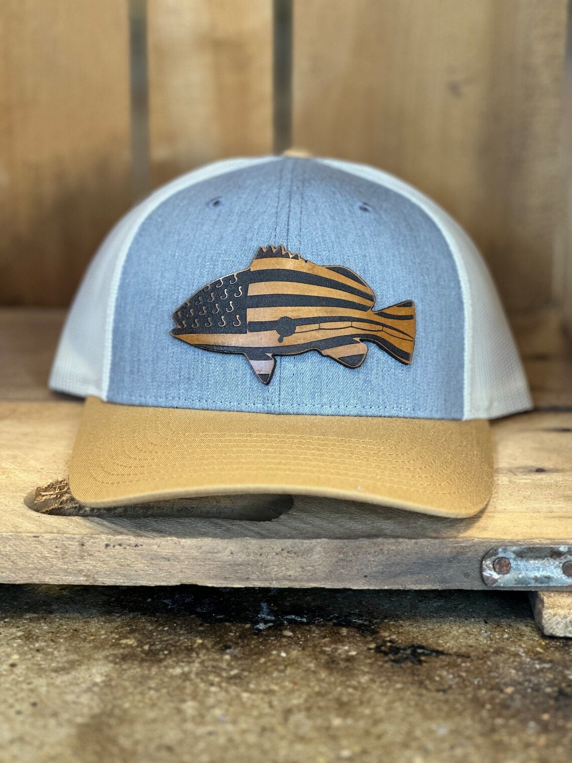Fish Bass American Flag Leather Patch Trucker Hat - Bass Fishing Hat - Largemouth Bass Flag Trucker Hat