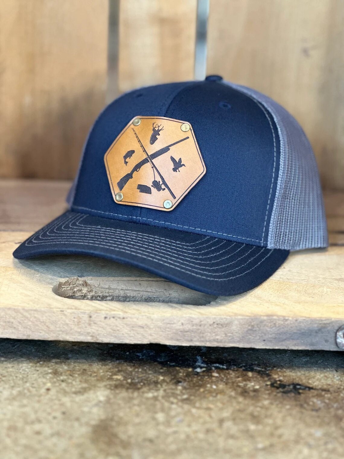 Fishing Hunting State Leather Patch with Rivets Trucker Hat - Deer Hat - Fishing Hat - Custom Hunter Fisher Hat - Outdoorsmen