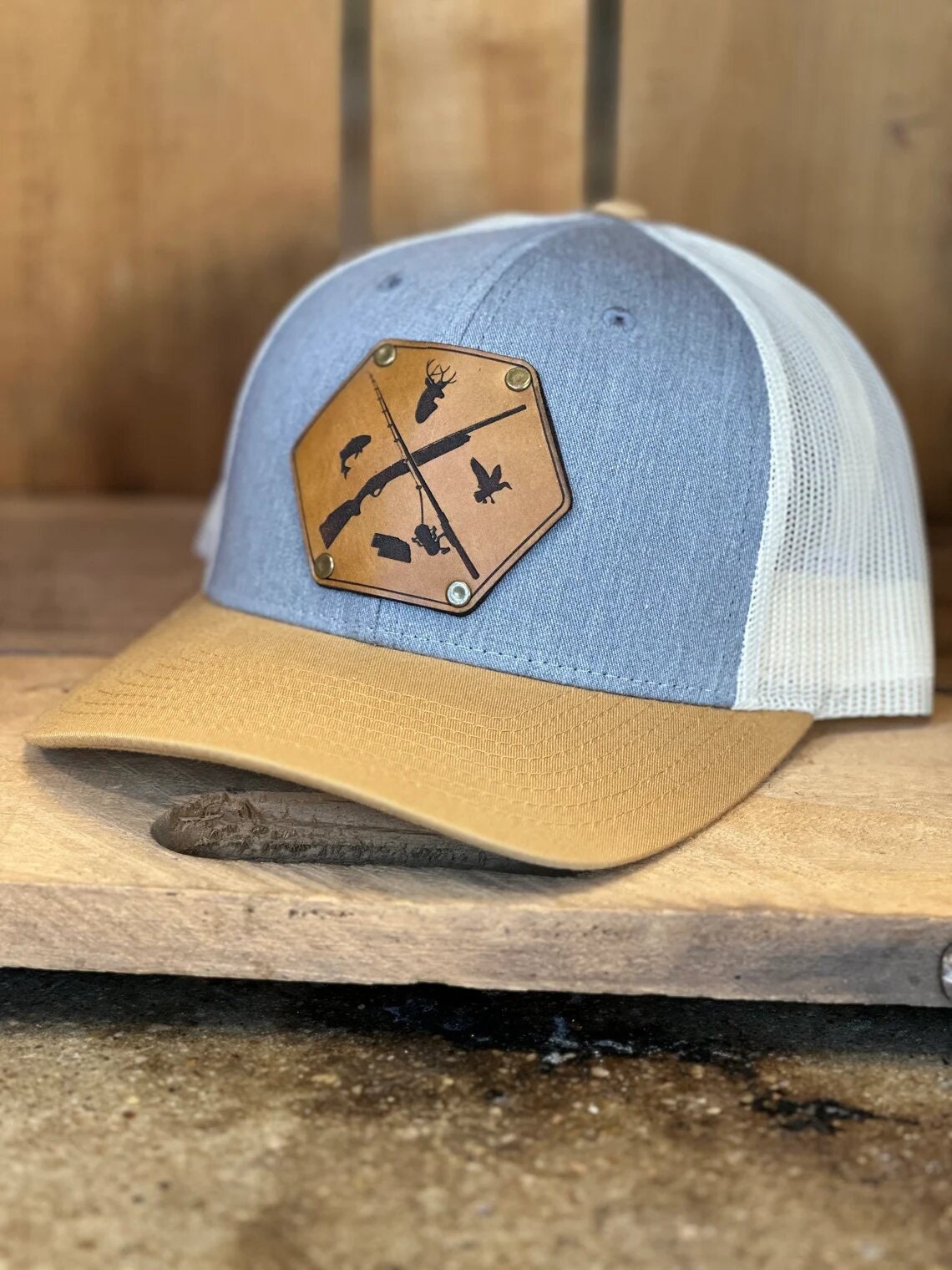 Fishing Hunting State Leather Patch with Rivets Trucker Hat - Deer Hat - Fishing Hat - Custom Hunter Fisher Hat - Outdoorsmen