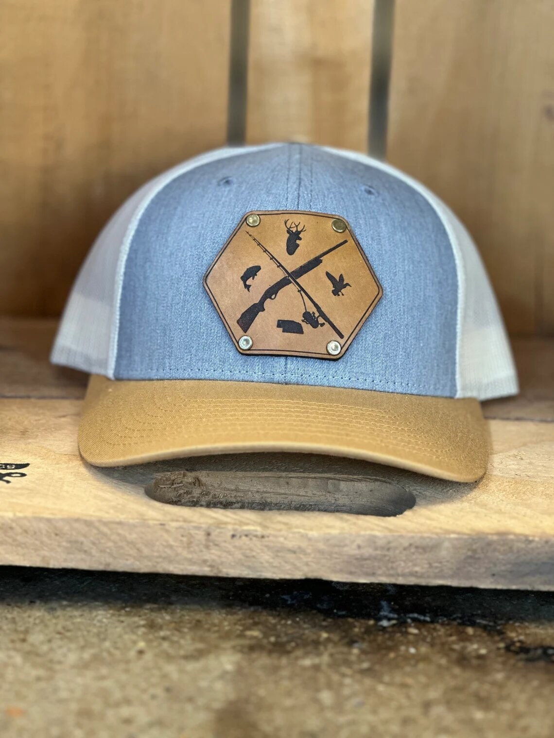 Fishing Hunting State Leather Patch with Rivets Trucker Hat - Deer Hat - Fishing Hat - Custom Hunter Fisher Hat - Outdoorsmen