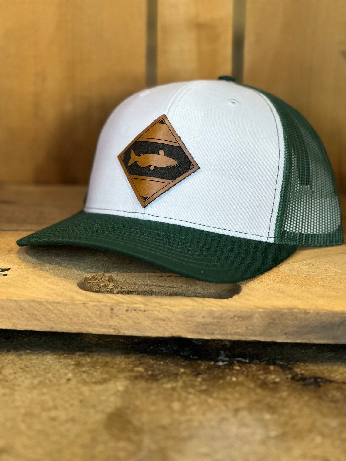 Diamond Catfish Leather Patch Trucker Hat - Catfish Fishing Hat - Catfish Fish Trucker Hat