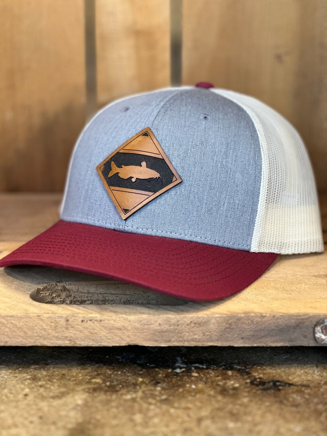 Diamond Catfish Leather Patch Trucker Hat - Catfish Fishing Hat - Catfish Fish Trucker Hat