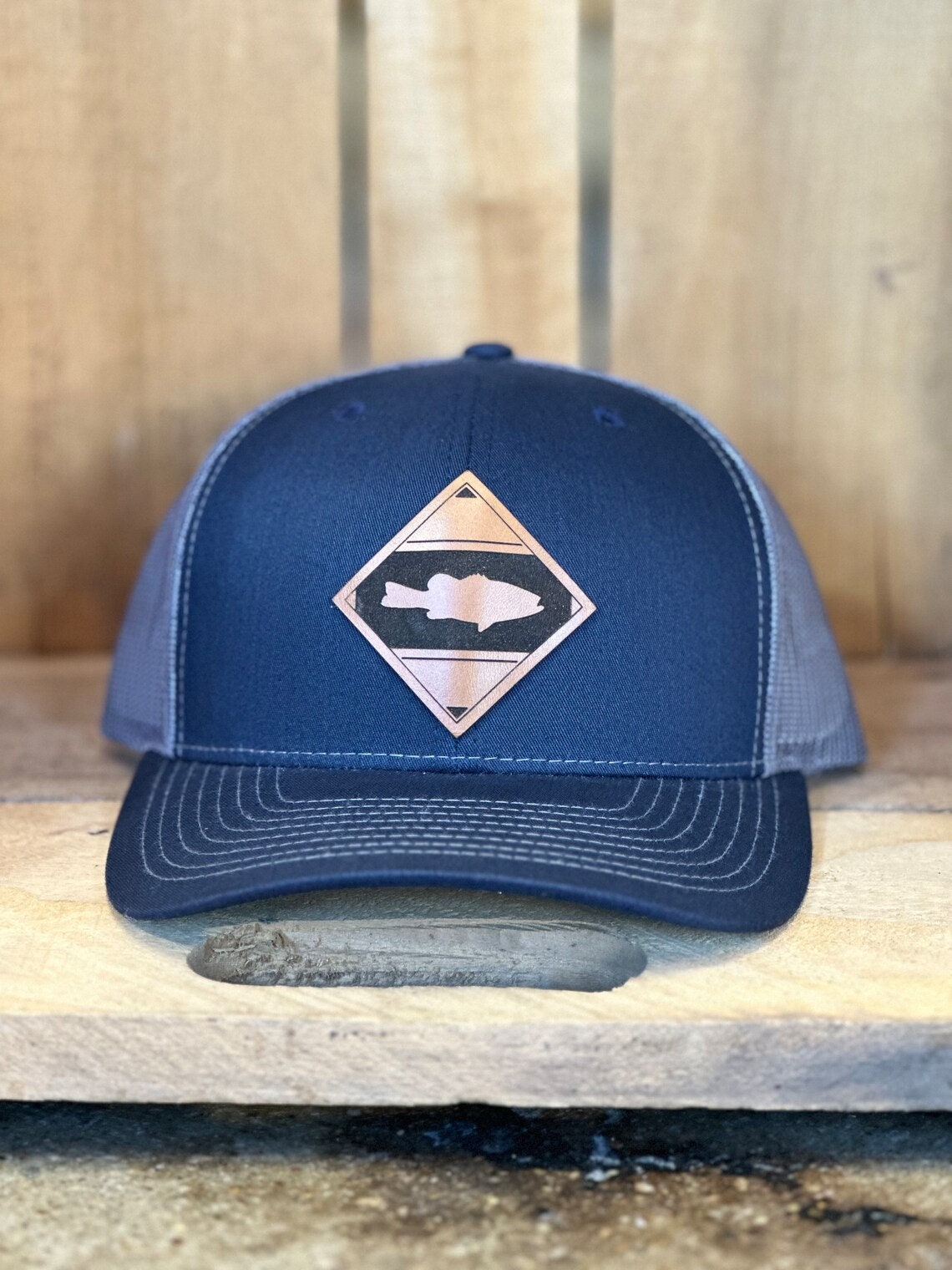 Diamond Fish Bass Leather Patch Trucker Hat - Bass Fishing Hat - Largemouth Bass Fish Trucker Hat