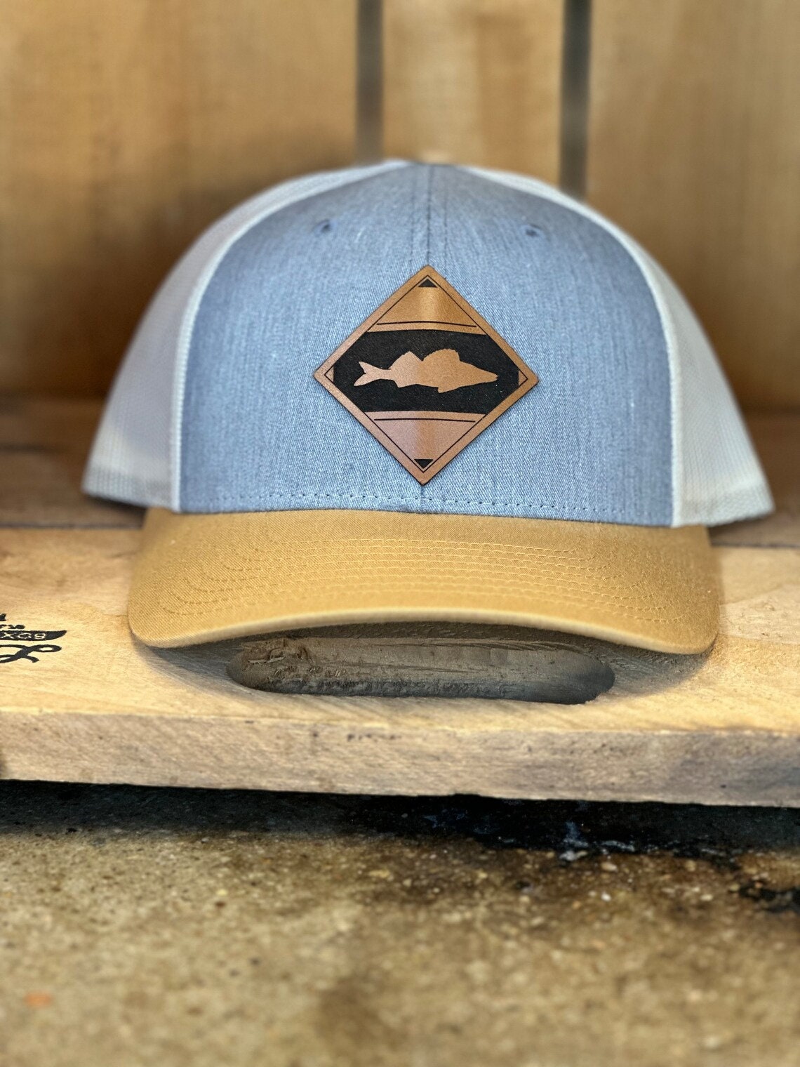 Diamond Fish Walleye Leather Patch Trucker Hat - Walleye Fishing Hat - Walleye Fish Trucker Hat