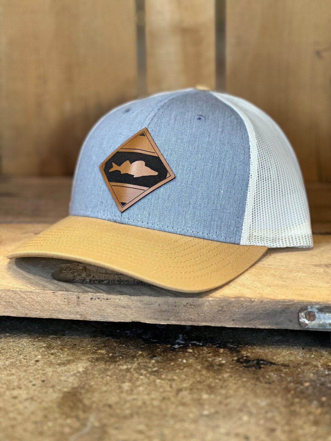 Diamond Fish Walleye Leather Patch Trucker Hat - Walleye Fishing Hat - Walleye Fish Trucker Hat
