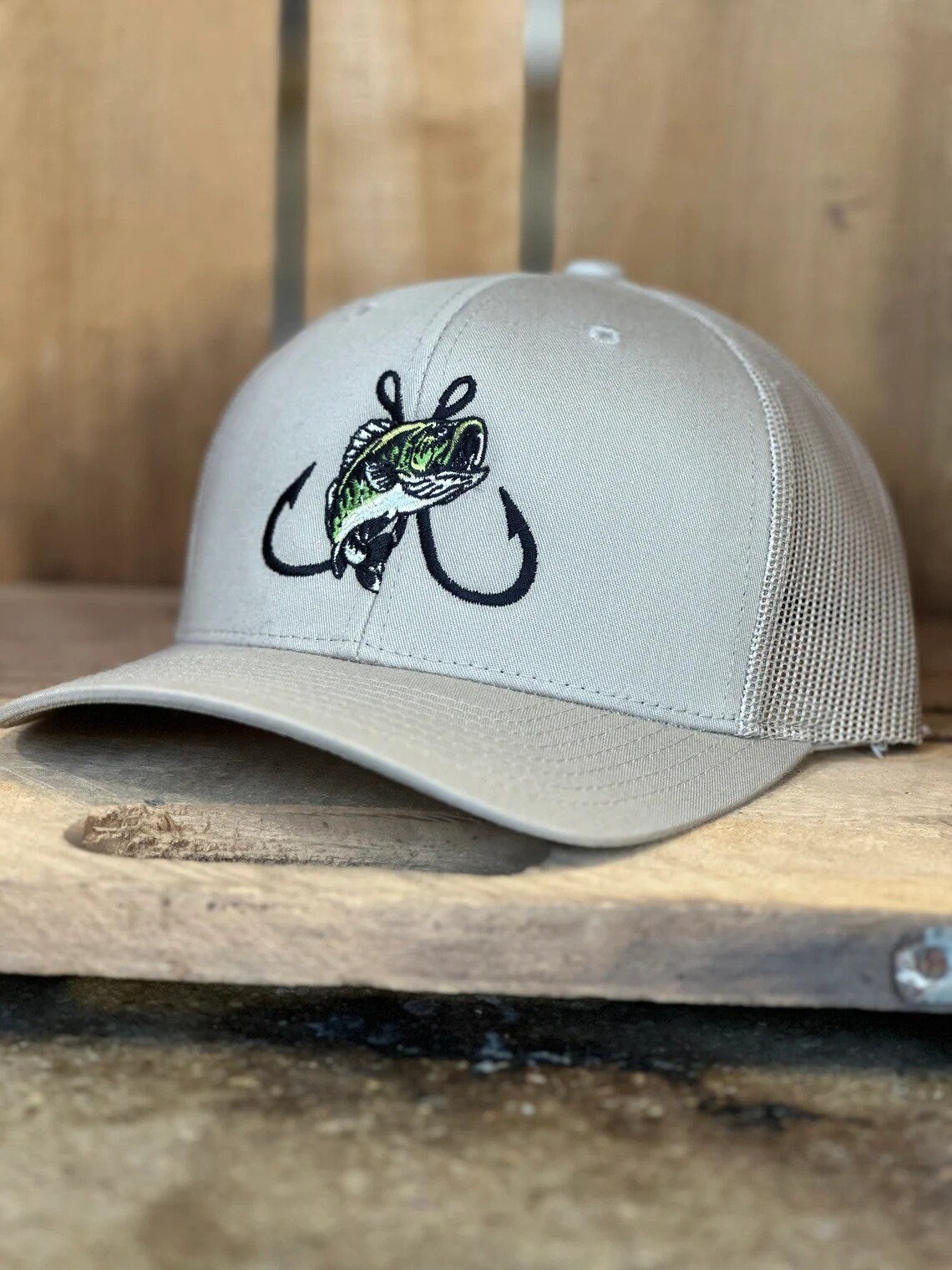 Bass Fishing Embroidered Trucker Hat - Largemouth Bass Fisherman - Fishing Hooks